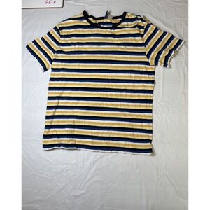Womens Divided short sleeve blouse, stripes, yellow/white/blue/black, size Large